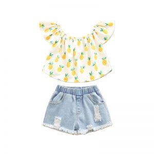 Toddler Girls 2-Piece Outfit Flying Sleeve Pineapple Printed top and Denim Shorts