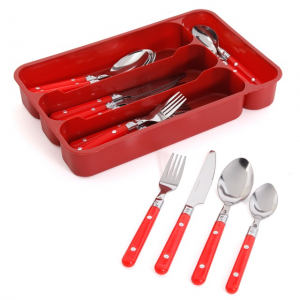 GIBSON CASUAL LIVING 24PC SS F/WARE SET W/RED PLASTIC HANDLE
