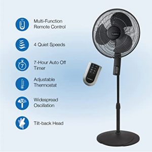 Lasko S16612 Oscillating 16″ Adjustable Pedestal Stand Fan with Timer, Thermostat and Remote for Indoor, Bedroom, Living Room, Home Office & College Dorm Use, 16 Inch, Black 16612