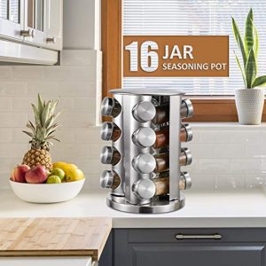 Spice Rack, kitchen rack with 16 Set of Spice Jars, Round Stainless Steel Spice Rack, Revolving Countertop Spice Rack tower