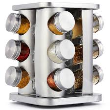 Spice Rack Organizer with 12 Jars - Revolving Standing Seasoning Tower with 12 Glass Bottles for Countertop Kitchen Cabinet, Stainless Steel, Silver